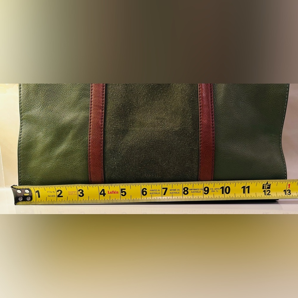 Fossil Leather Suede Green Tote Handbag Green Brown Handles Work Travel Safari - Picture 5 of 16